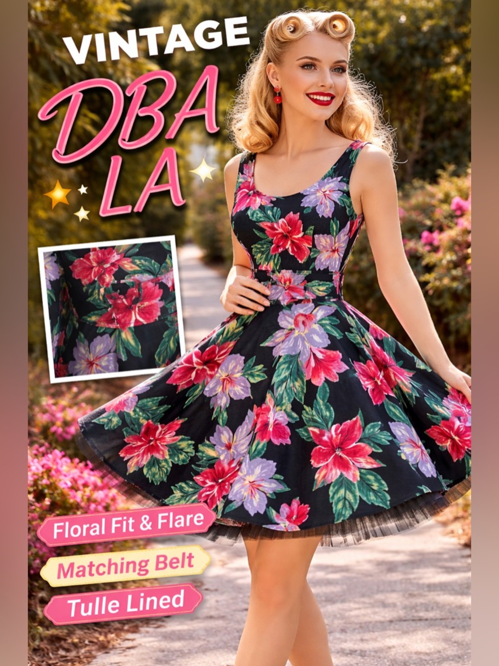 VTG,DBA LA Fit/Flare Dress Bold Print Tulle Belted Rockabilly Party,EUC, Size S - Picture 4 of 12